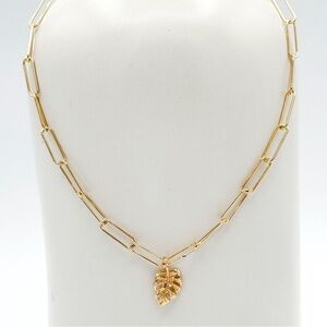 Gold filled paperclip chain and monstera leaf pendant